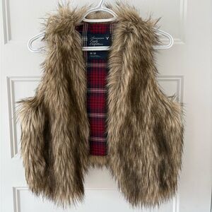 American Eagle Faux Fur Vest Plaid Lined Sleeveless Jacket M/M